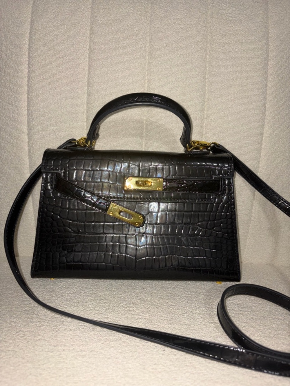 Black Croc Embossed Mini Top Handle Bag - Structured Kelly Style Gold Hardware